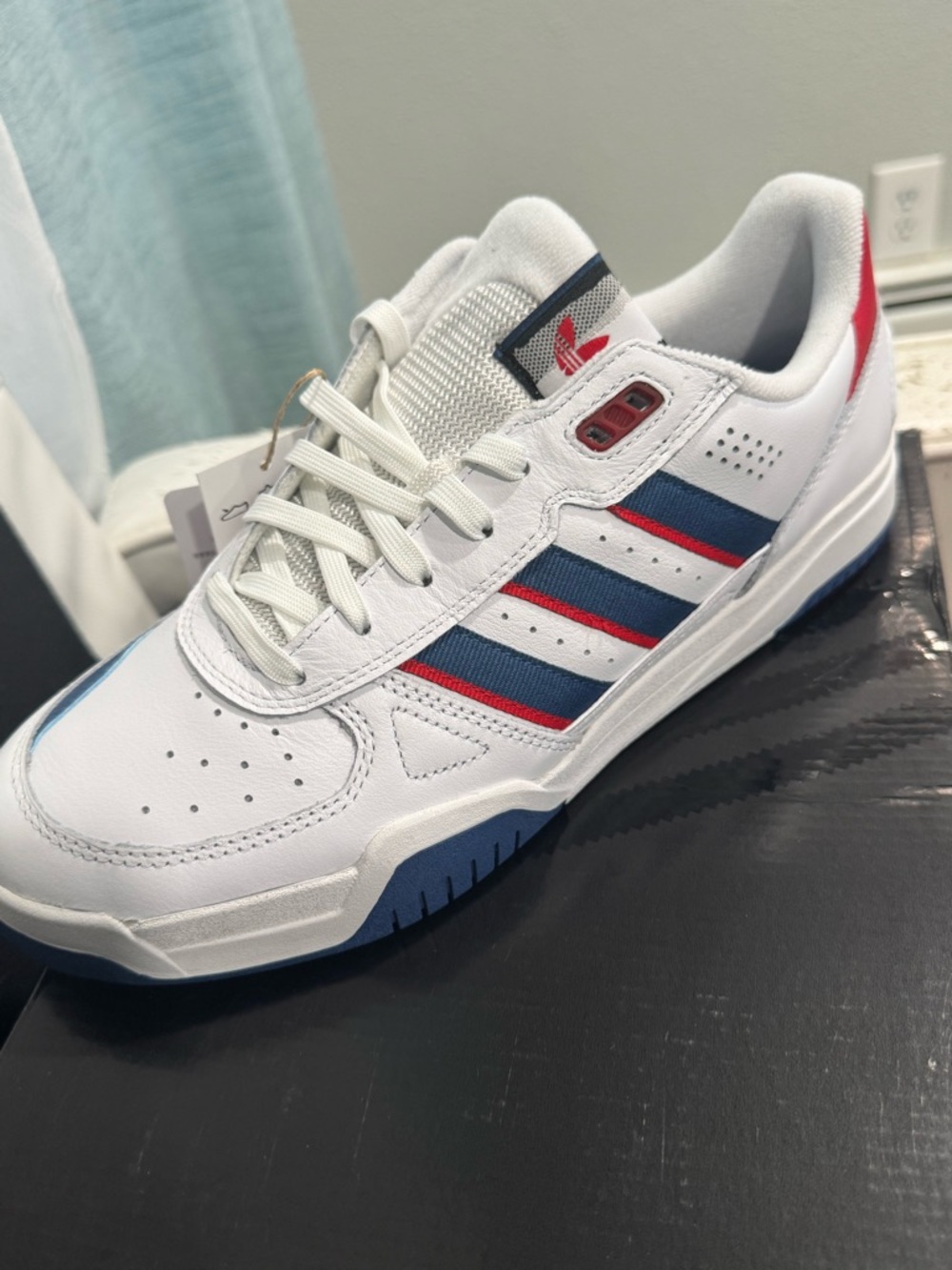 adidas Black Shoe Box with White Label and Blue Boxes